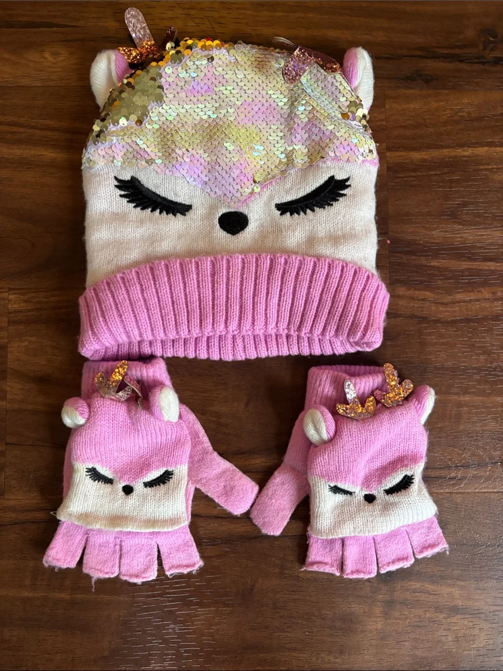 Kids Pink Sequin Unicorn Beanie & Glove Set